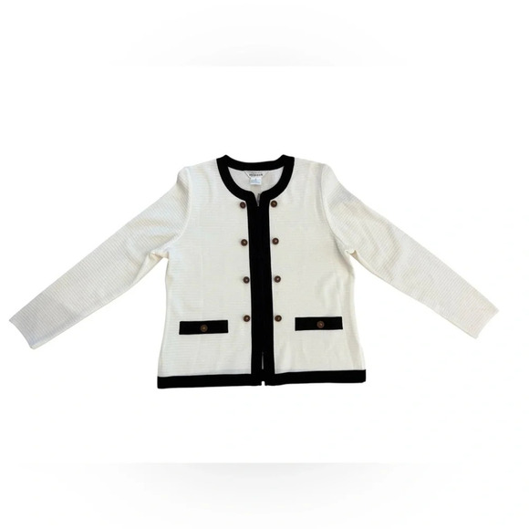 MISOOK White & Black Zip Jacket Cardigan with Brown/Brass Button Detail Size M - Picture 1 of 10